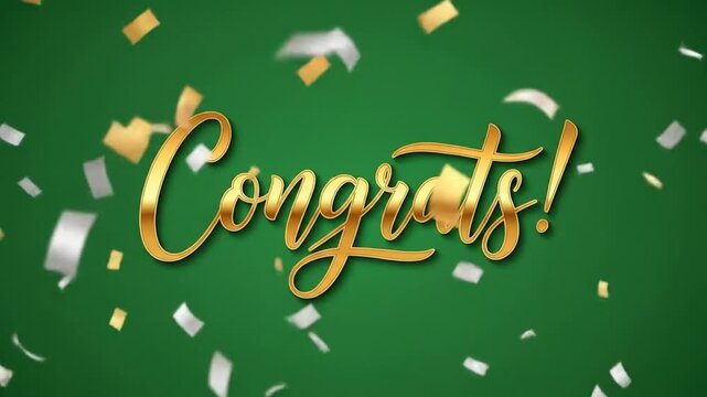 Animated golden congrats text with falling confetti on green background for celebration