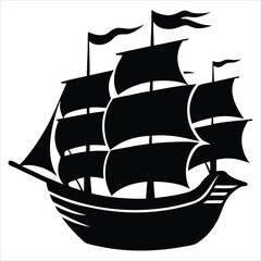 Silhouette of a Historic Pirate Sailing Ship with Tall Masts, Sails, and Jolly Roger Flag, Classic Pirate Vessel Vector for Adventure, Nautical, Halloween, or Maritime Design Projects
