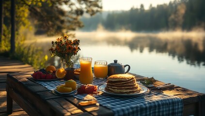 Lakeside Breakfast Scene with Pancakes, Fresh Fruit, and Juice Overlooking a Mountain Landscape with Blooming Flowers