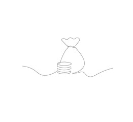 Continuous line drawing of money bag,white background,outline dollar money icon,business growth,one line object,single line art,vector illustration