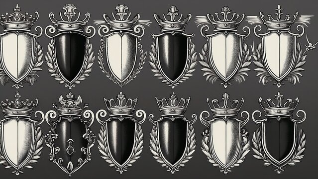 Elegant Set of Ornate Heraldic Shields with Crowns and Decorative Elements in Silver and Black, Vintage Emblem Design, Blank Crests