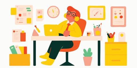 An individual is comfortably seated at their desk, working diligently, surrounded by office essentials and the ambiance of a focused, modern workspace.