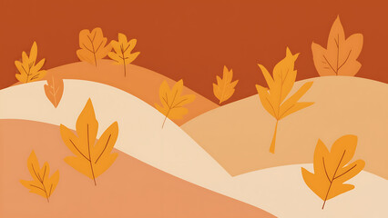 Obraz premium Autumnal landscape with rolling hills and falling leaves in shades of orange and yellow, creating a warm and inviting atmosphere.