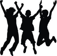 Fototapeta premium Three young children joyfully jump into the air, a group of happy jumping children, vector