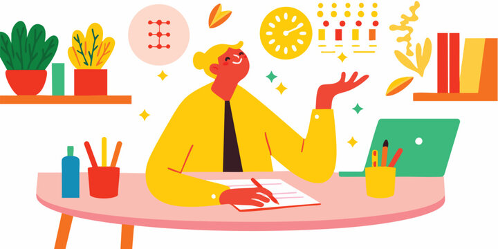 A happy woman sits at her desk, surrounded by plants, books, and creative tools, joyfully working on a project.  The scene is vibrant and full of energy, symbolizing creativity and productivity.