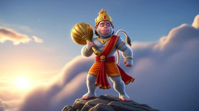Animated depiction of lord hanuman standing heroically on a rock with a sunrise sky background
