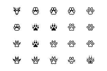 Diverse Black and White Vector Animal Paw Print Icon Set for Wildlife Art, Pet Designs, and Nature Projects