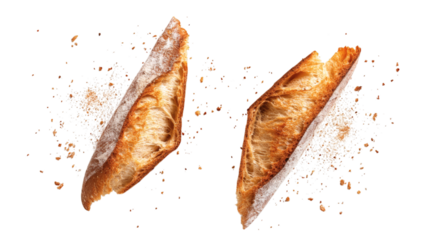 Rustic French baguette broken in half with visible crumb texture and flour dusting isolated on transparent background 