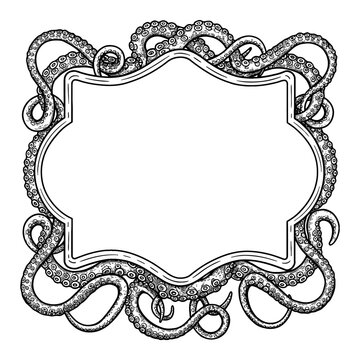 Decorative Octopus Tentacles Frame Design Blank Label Black and White Outline Line Art Drawing Engraving Style