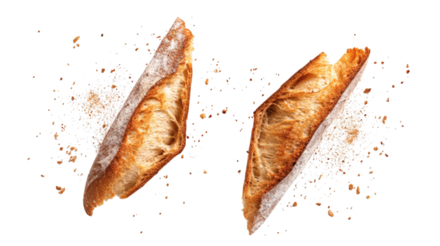 Rustic French baguette broken in half with visible crumb texture and flour dusting isolated on transparent background - Powered by Adobe