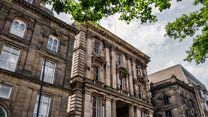 Low angle view of the historic Post Office building in Newcastle upon Tyne, UK, showcasing its architectural grandeur
