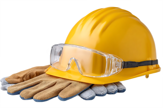 Yellow hard hat safety glasses work gloves construction safety equipment