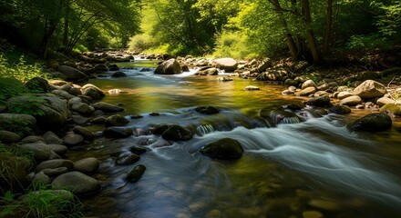 Obraz premium Serene River Flowing Through Lush Green Forest: Nature's Tranquility