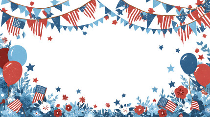 Fototapeta premium 4th of July celebration banner, red white blue ribbon confetti and USA flag bunting with copy space at center.