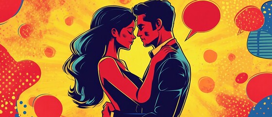 Couple embracing each other with abstract shapes and a yellow background.
