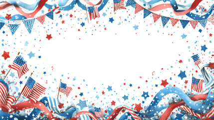 Obraz premium 4th of July celebration banner, red white blue ribbon confetti and USA flag bunting with copy space at center. 