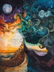 Abstract painting featuring contrasting warm and cool colors with moon and cloud-like shapes.