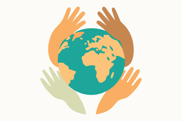 Unity for Earth Yoga Day Art – Diverse Hands Holding Glowing Planet, Clean Line Vector Illustration.