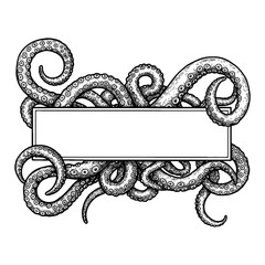 Octopus Tentacles Frame Design Behind Blank Label Black and White Outline Line Art Drawing Marine Animal
