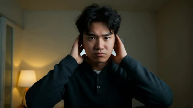 Young man covering ear. Sensory overload or extreme stress concept. World Autism Awareness day. Mental health awareness footage.