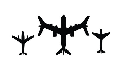 Diverse Vector Silhouette Icons Set of Airplanes, Aviation Aircraft Designs, Commercial and Military Flight Illustrations, Travel Transportation Graphics