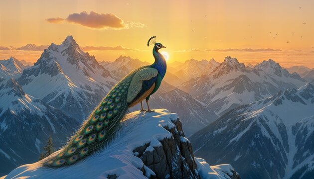 Peacock with sunrise in the mountains