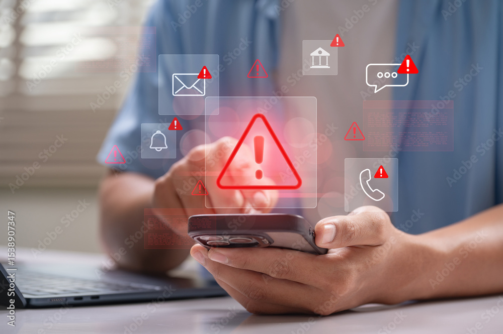 Poster Cybersecurity warning on mobile phone showing alert messages and phishing scams targeting email, bank, and personal data. online safety and data protection while using smartphone and laptop at home.