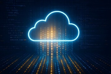 Futuristic Digital Hologram with Cloud Icon and Flowing Data – Blue and Gold Cloud Computing Illustration
