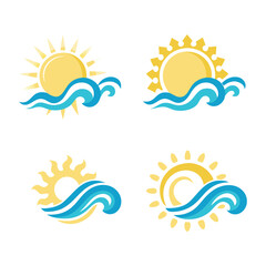 Fototapeta premium Colorful Vector Icons Set of Sun and Wave Combinations, Summer Ocean Designs, Beach Seascape Illustrations, Nature Landscape Graphics