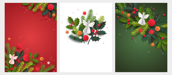 Paper cut template. Collection of vertical Christmas vector greeting cards. Christmas tree, balls, and a decor isolated on a colorful background. Winter frame for holidays with place for text.
