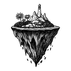 Surreal Floating Island with Lighthouse Palm Trees and Rocks Black and White Outline Line Art Drawing