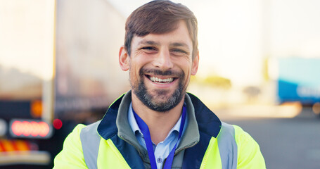 Logistics, shipping and portrait of man with truck for delivery, fleet manager and supply chain....