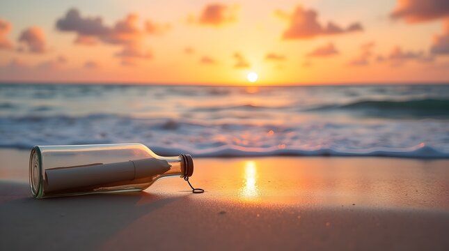 Message in a Bottle: A transparent bottle, with a message inside, rests on a sandy shore during a vibrant sunset, evoking themes of communication and discovery amidst a picturesque seascape.