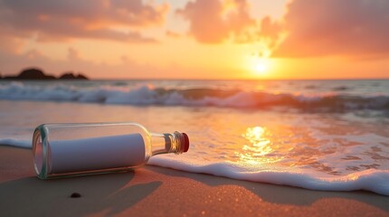 Message in a Bottle: A weathered message rests on a sandy beach at dusk, as waves gently lap against the shore, kissed by the golden hues of a stunning sunset.