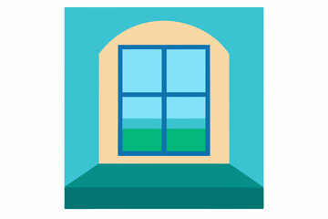 Arched window with teal wall and green view