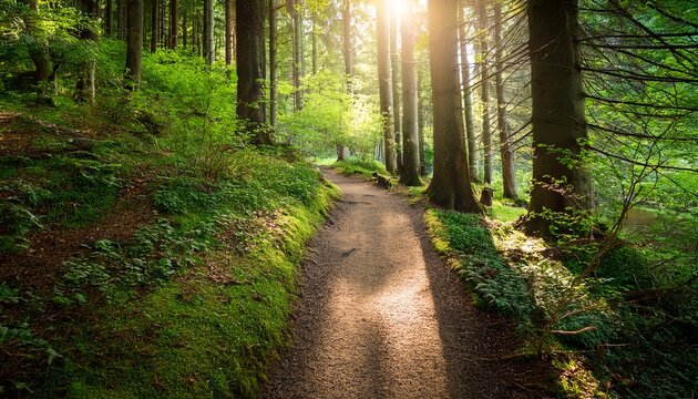 forest path sunlit trail through green woods
