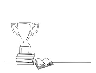 Continuous one line drawing of trophy and books. Trophy and book symbol of success outline illustration. Editable vector.