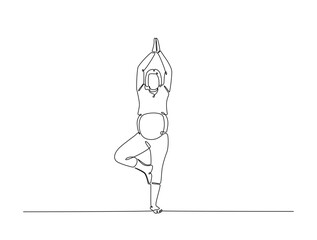 Continuous one line drawing of pregnant mother practicing yoga. Pregnant yoga outline illustration. Editable vector.