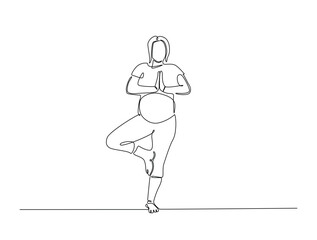 Continuous one line drawing of pregnant mother practicing yoga. Pregnant yoga outline illustration. Editable vector.