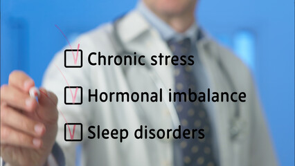 Doctor ticking checkboxes of chronic stress, hormonal imbalance and sleep disorders, highlighting...