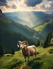 Obraz premium Majestic Ram Standing Proud in a Lush Green Mountain Landscape Under a Dramatic Sky, Nature Scene with Stunning Sunlight