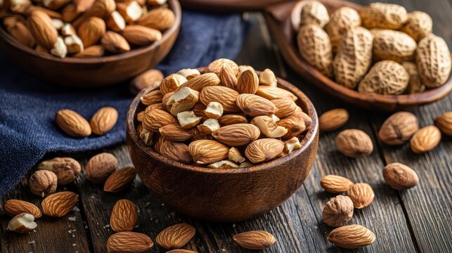Almonds in wooden bowls on a rustic wooden table with a blue napkin.
