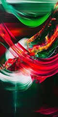 Abstract art with flowing red green and yellow colors on a dark background.