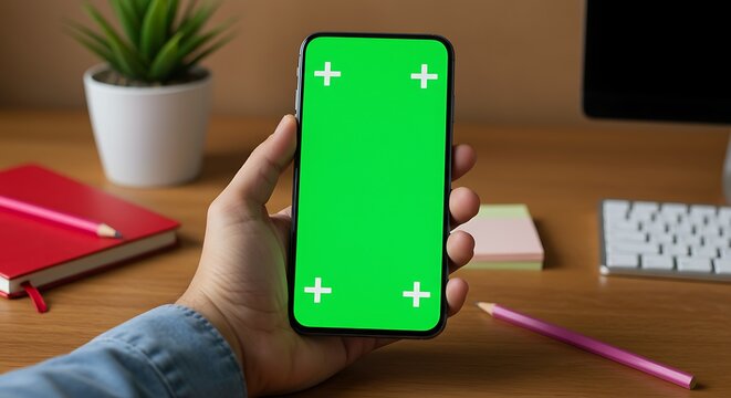 Hand Holding Smartphone with Green Screen for App or Website Mockup
