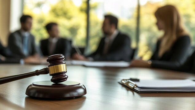 Law Firm Meeting Scene with Gavel on Table and Blurred Team in Background Around Conference Desk &mdash; Legal Concept for Justice and Decision Making
