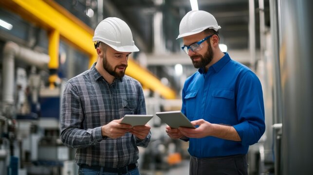 An industrial technician meeting with a tech consultant at a factory site, pointing at digital tablets