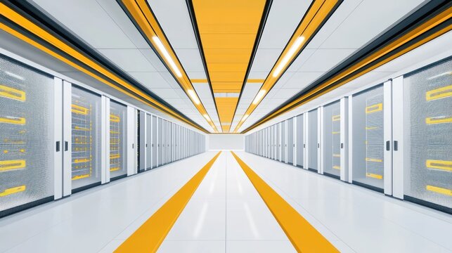 A long, brightly lit corridor with rows of server racks on either side, featuring a sleek, modern design with white walls and yellow accents - Powered by Adobe