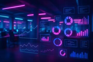 Cyberpunk Neon Open-Space Office Interior with IT Data Overlay – Modern Corporate Strategy Concept for Finance, Marketing, and Operations

