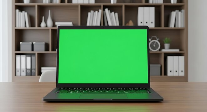 Laptop with Green Screen on Wooden Desk in Office Setting