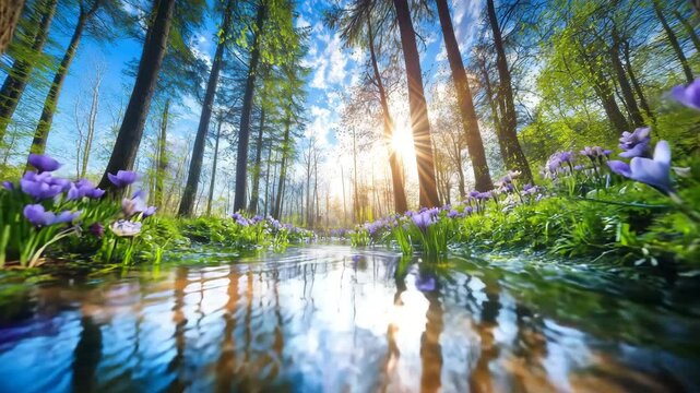 flowing lake water in forest motion, moving forward motion purple flowers in forest, colorful mix of blooming spring flowers in a fresh forest clearing, water puddles reflecting petals and trees